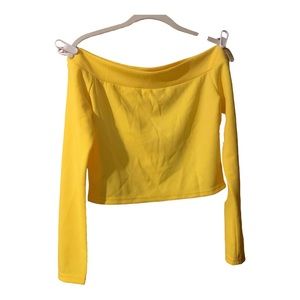 Yellow Off Shoulder Long Sleeve Ribbed Crop Top
